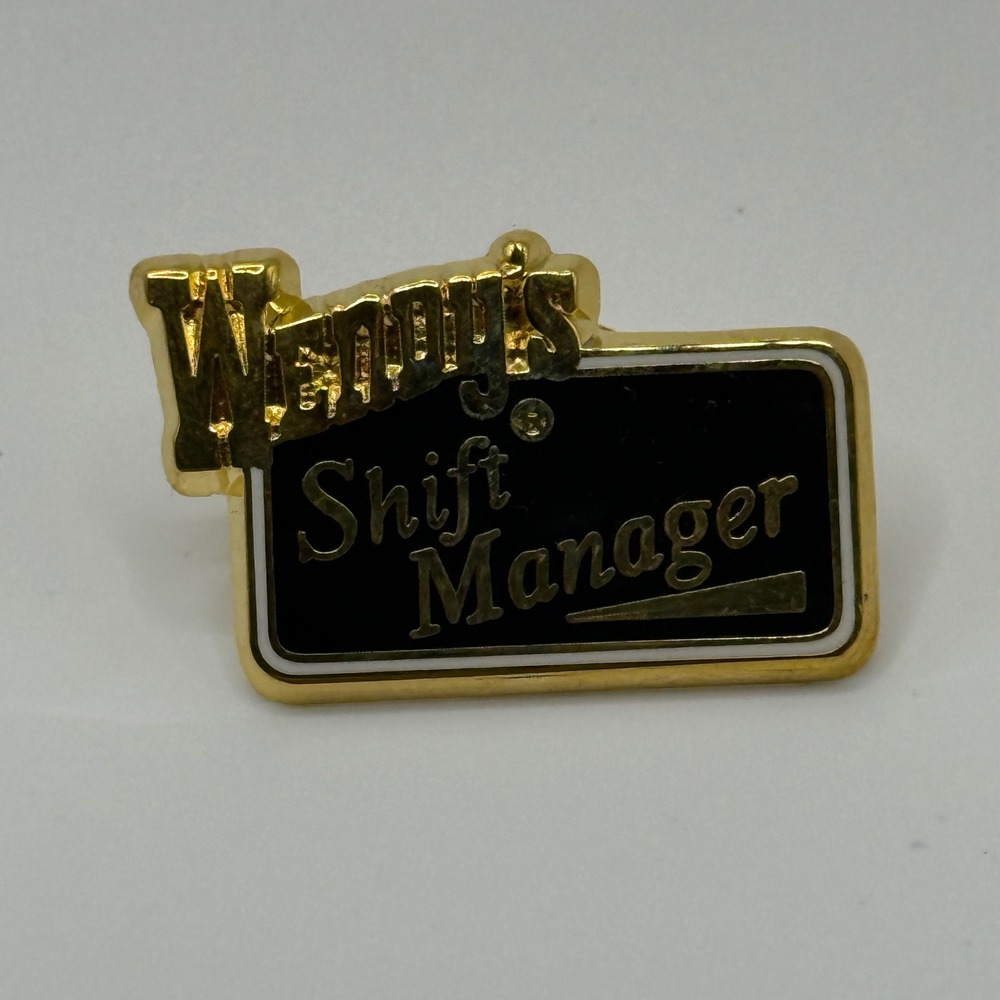 Vintage Wendys Shift Manager Lapel Pin Black Gold Enamel Restaurant Memorabilia